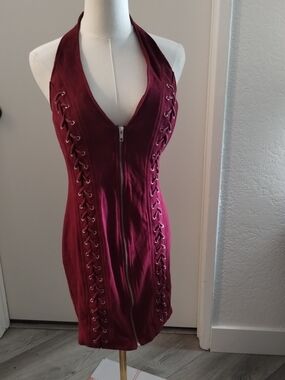 Lydia Women's Wine Halter Lace-Up Bodycon Dress with Front Zip